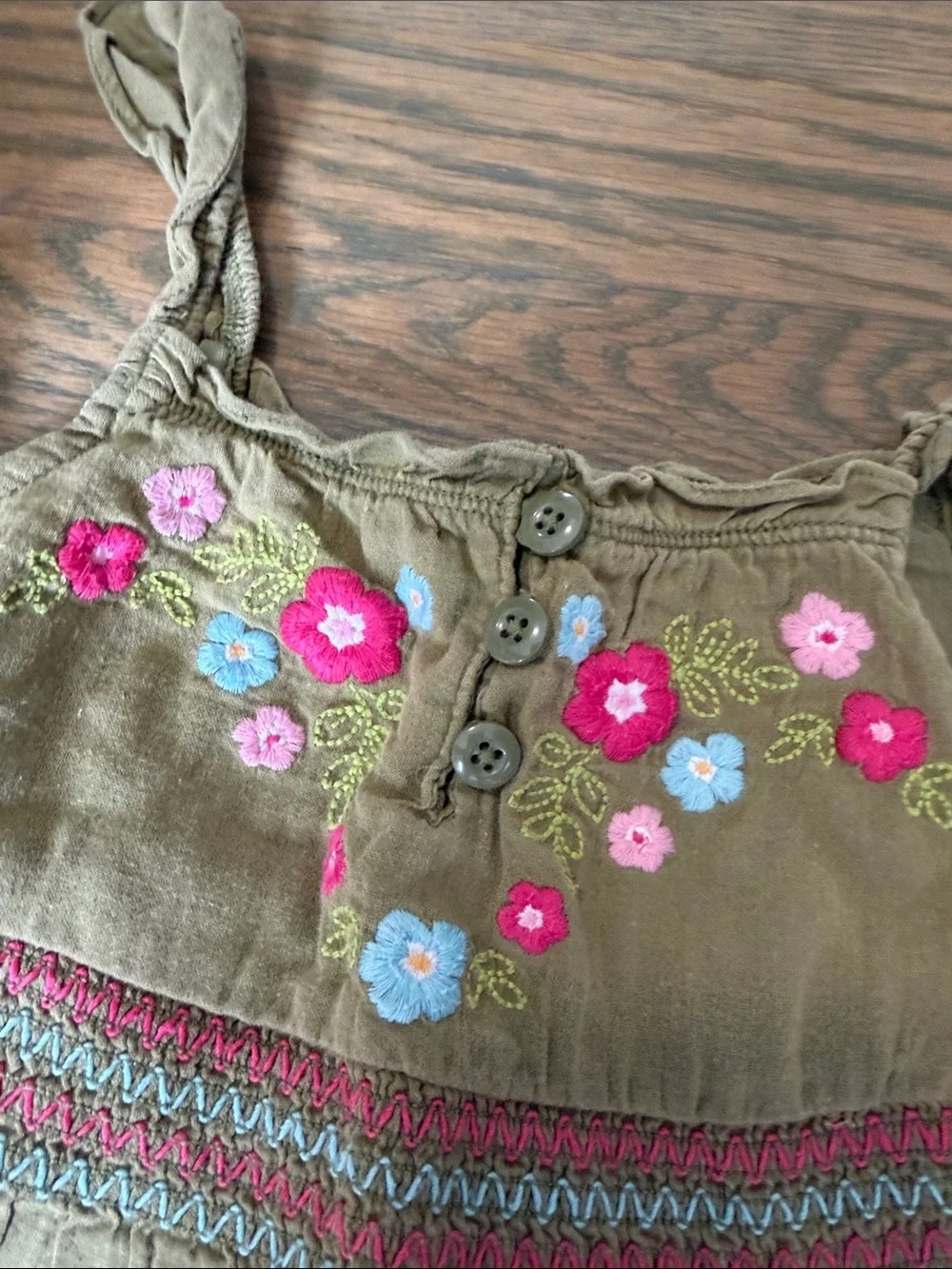 Olive Green Embroidered Sundress with Floral Accents